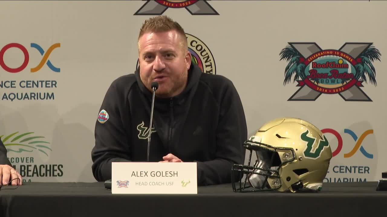 USF Bulls head coach Alex Golesh speaks at introductory news conference for Boca Raton Bowl, Dec. 17, 2023