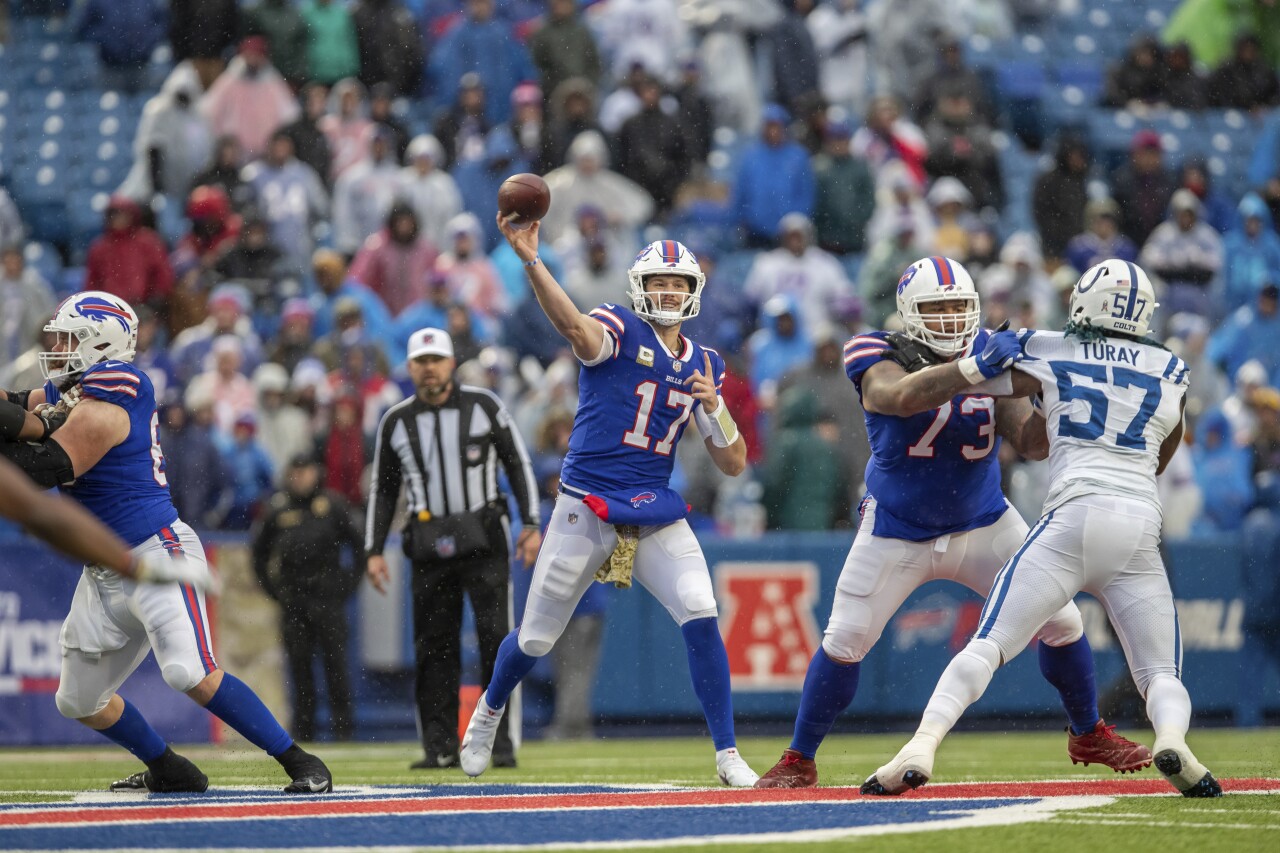 Buffalo Bills QB Josh Allen throws vs. Dallas Cowboys, Nov. 21, 2023