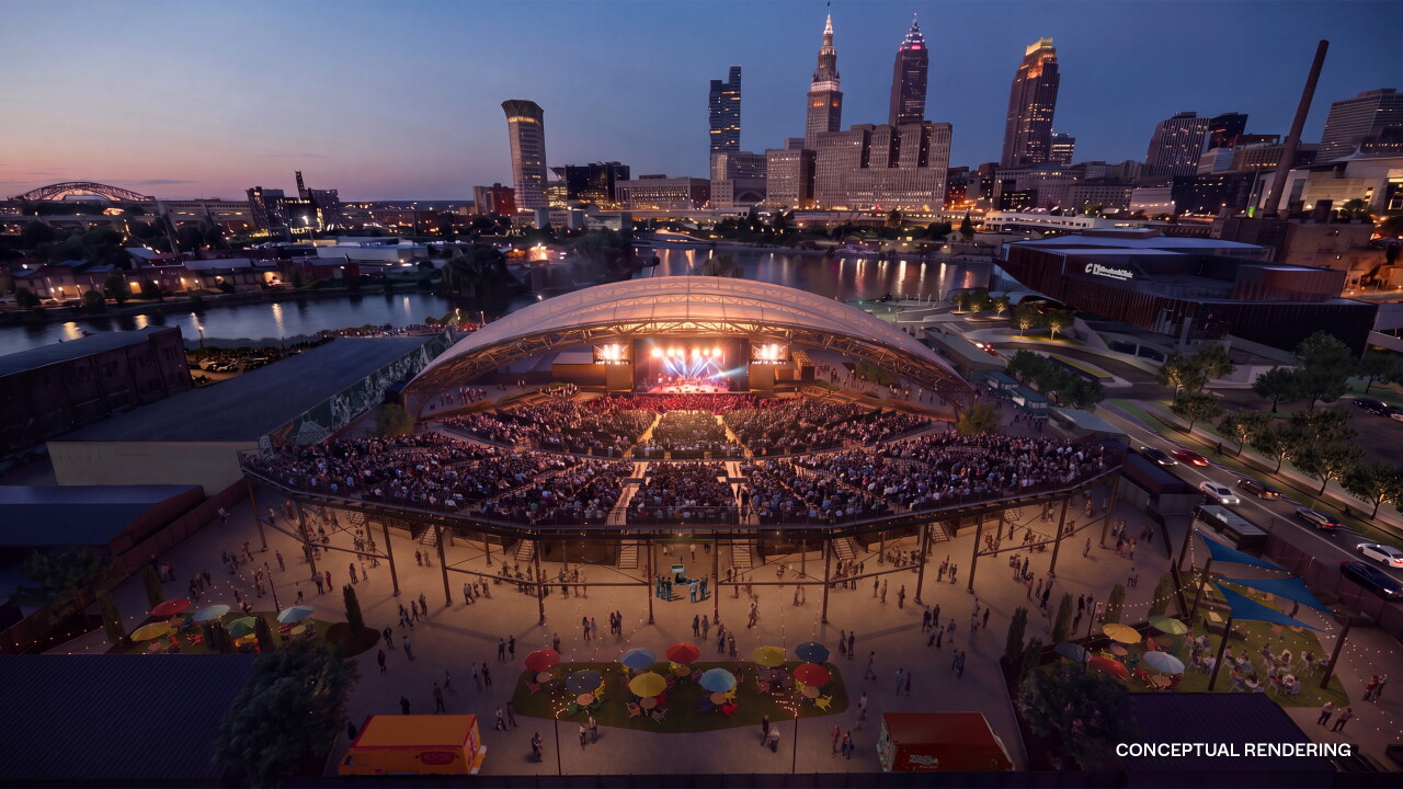 A new rendering shows the riverfront amphitheater being planned by Bedrock, Rock Entertainment Group and Live Nation.