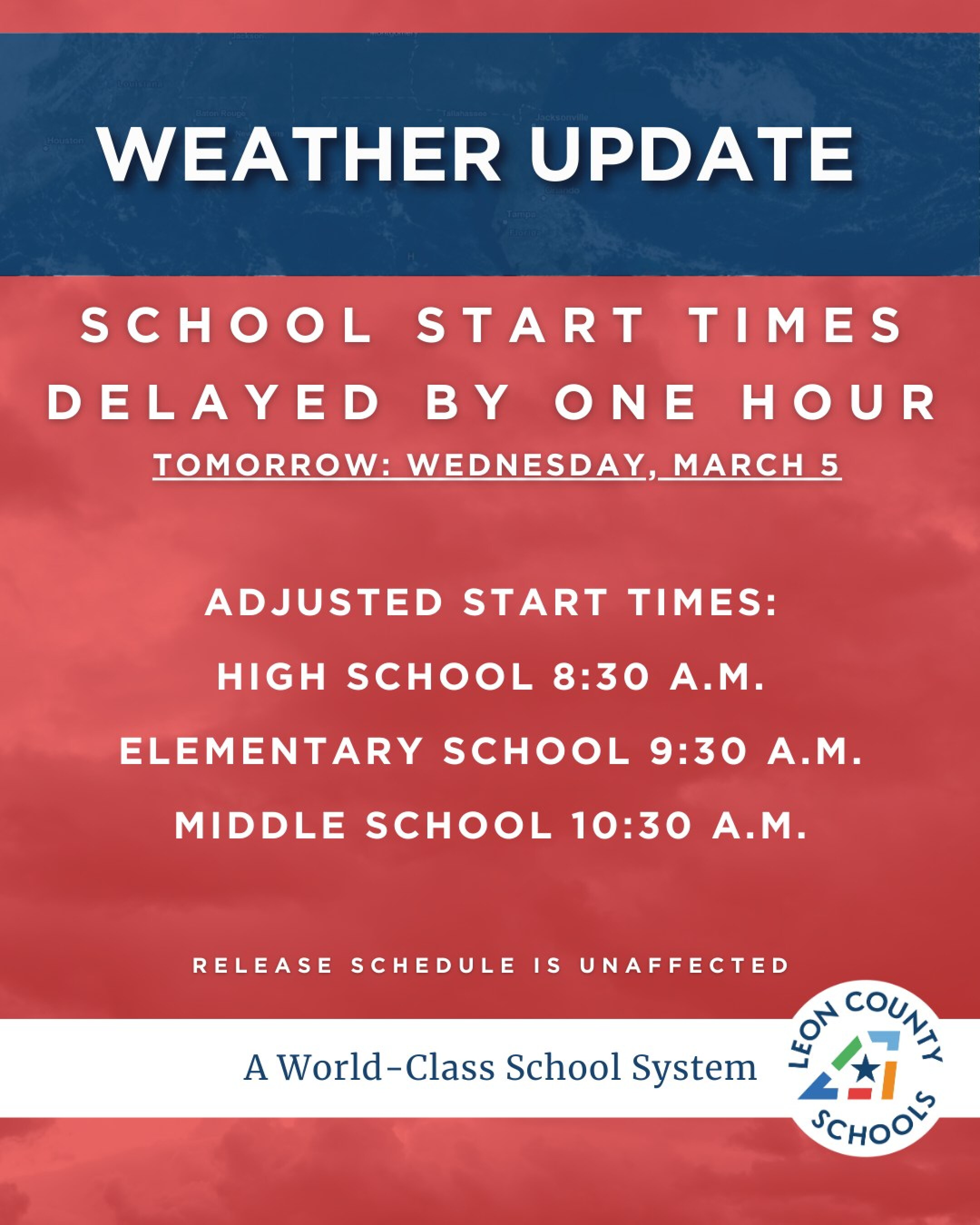 Leon County Schools to have late start Wednesday due to severe weather