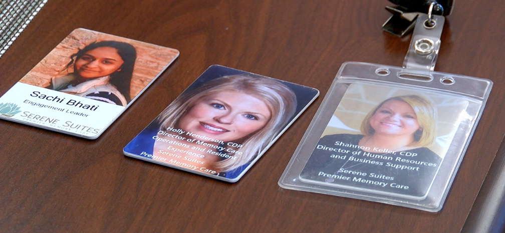 Serene Suites Memory Care staff wears personal protective equipment, but they also walk around with a badge that shows who they are behind the mask.