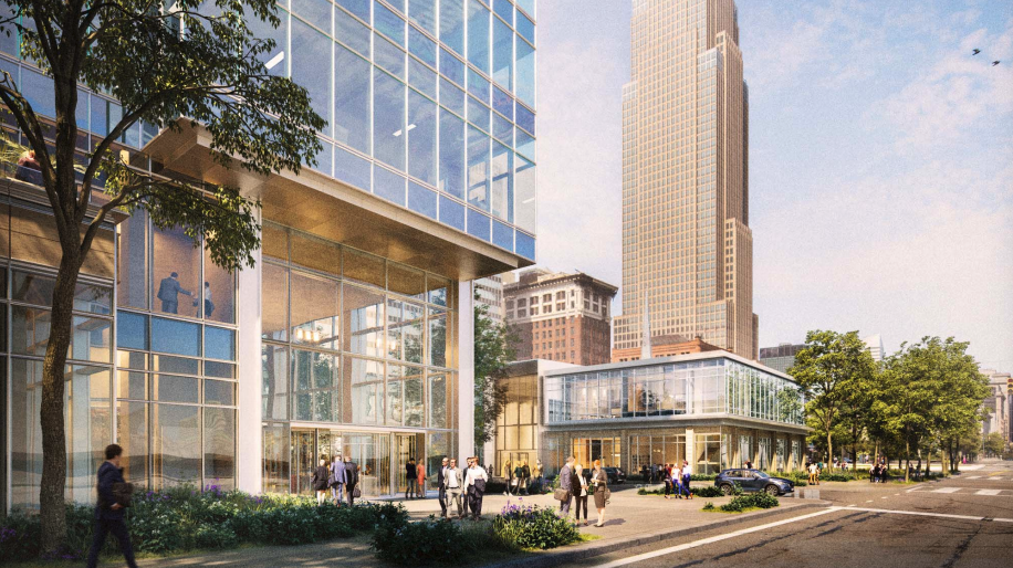 Tower Lobby and Pavilion viewed from Superior Ave. near West Prospect Ave.