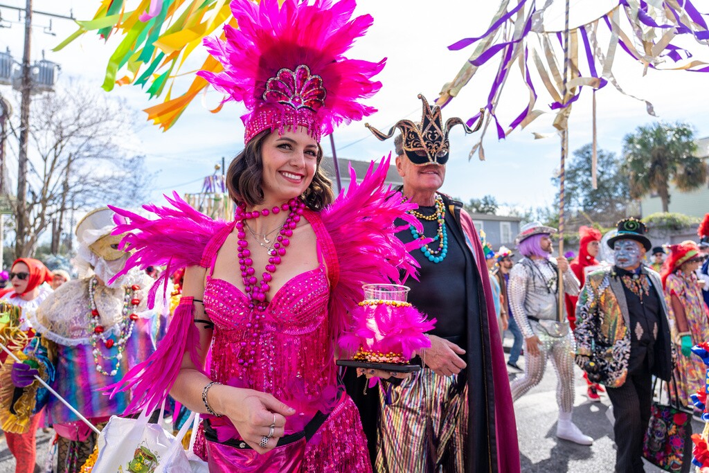 Attendees march during the annual Society of Saint Anne parade on Mardi Gras Day, Tuesday, Feb. 17, 2026, in New Orleans.