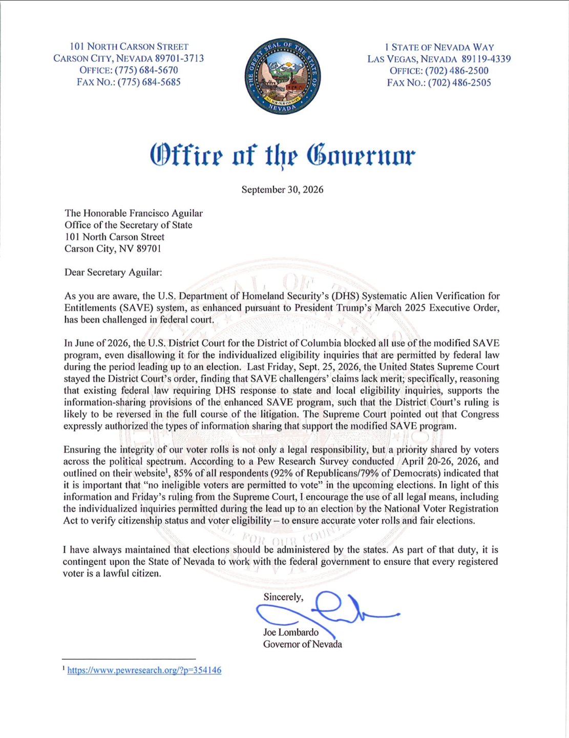 Gov. Joe Lombardo letter to Secretary of State Cisco Aguilar on elections