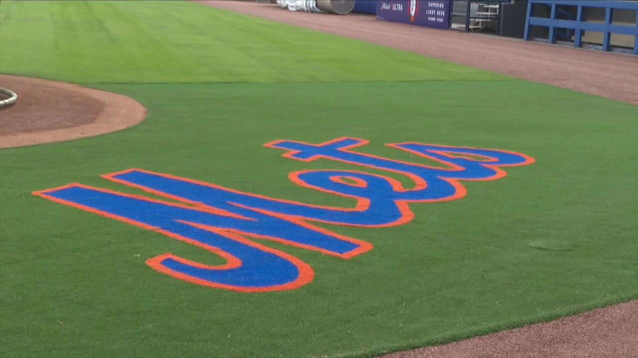'Mets' logo spray-painted on field at Clover Park, Feb. 15, 2023