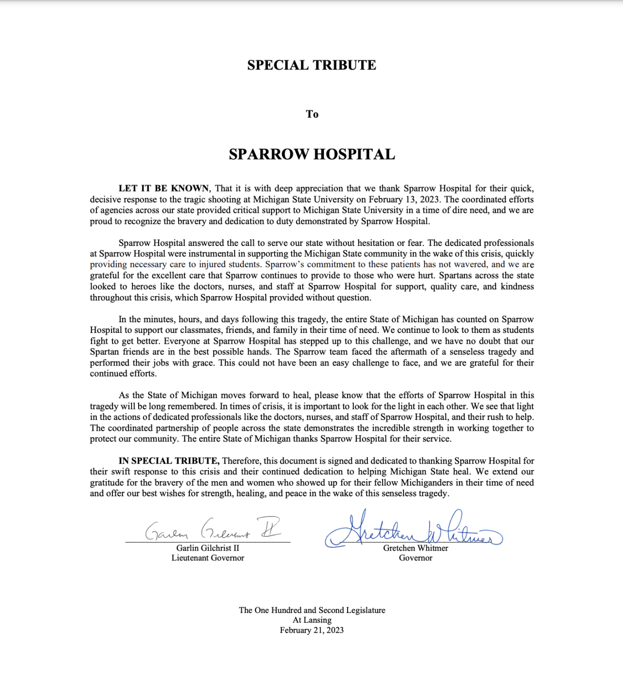 Sparrow Hospital tribute