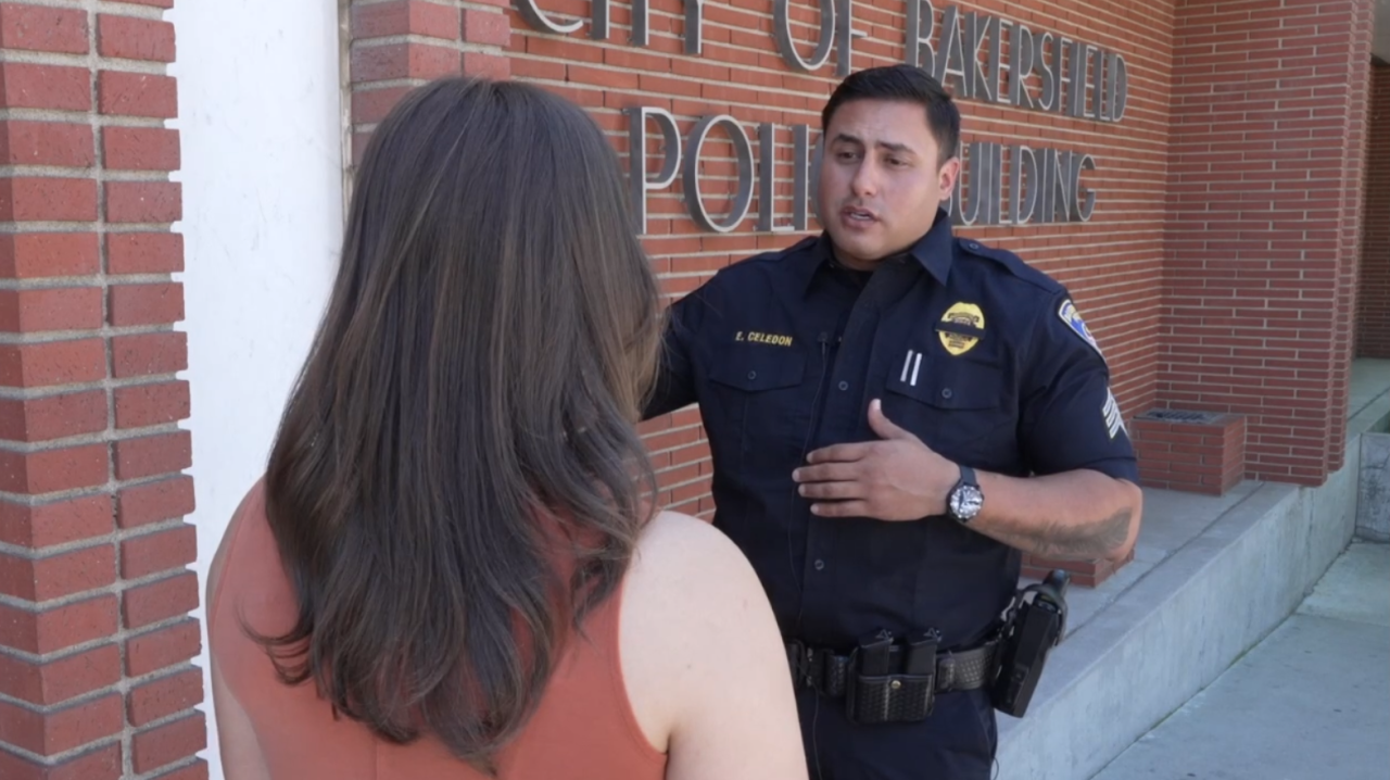 Bakersfield Neighborhood News Reporter Veronica Morley interviewing Sgt. Eric Celedon of BPD about the protective barriers they plan to use at big city events.
