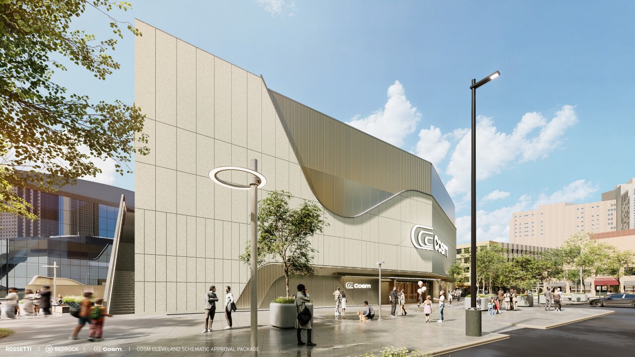 A rendering shows the proposed Cosm building in Downtown Cleveland's Gateway District. This view is of the northeast corner of the building, looking southwest toward East Fourth Street and Huron Road.