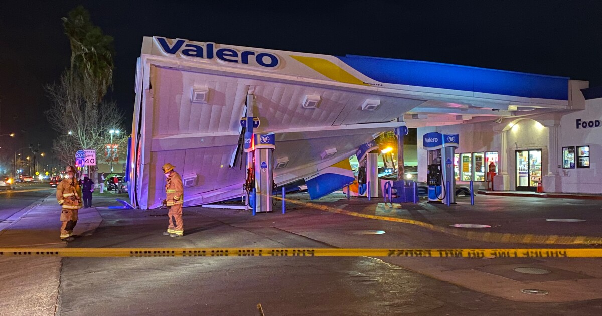 Gas station canopy collapses after crash in Central Bakersfield