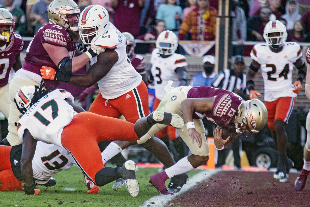 Florida State QB Jordan Travis scores TD vs. Miami Hurricanes in 2021