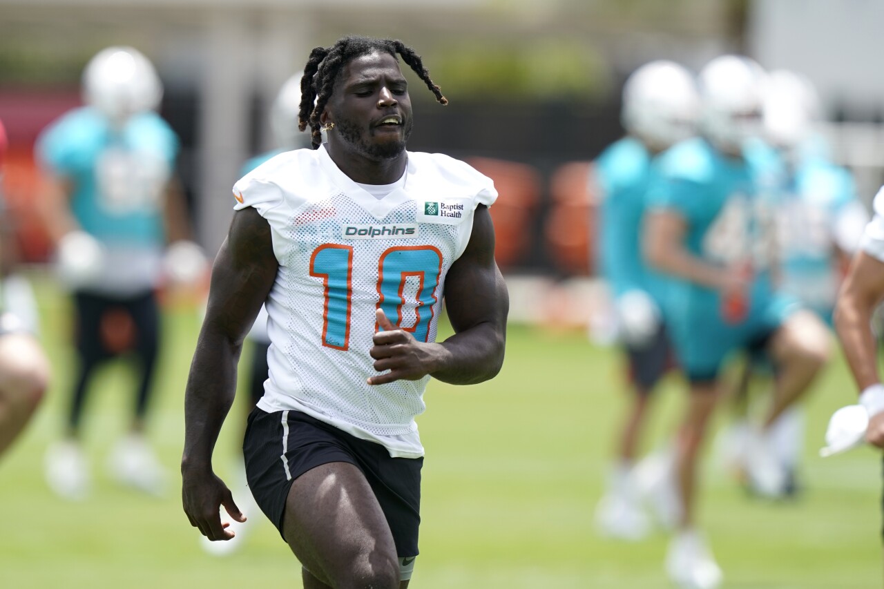 Miami Dolphins receiver Tyreek Hill during drills, May 24, 2022