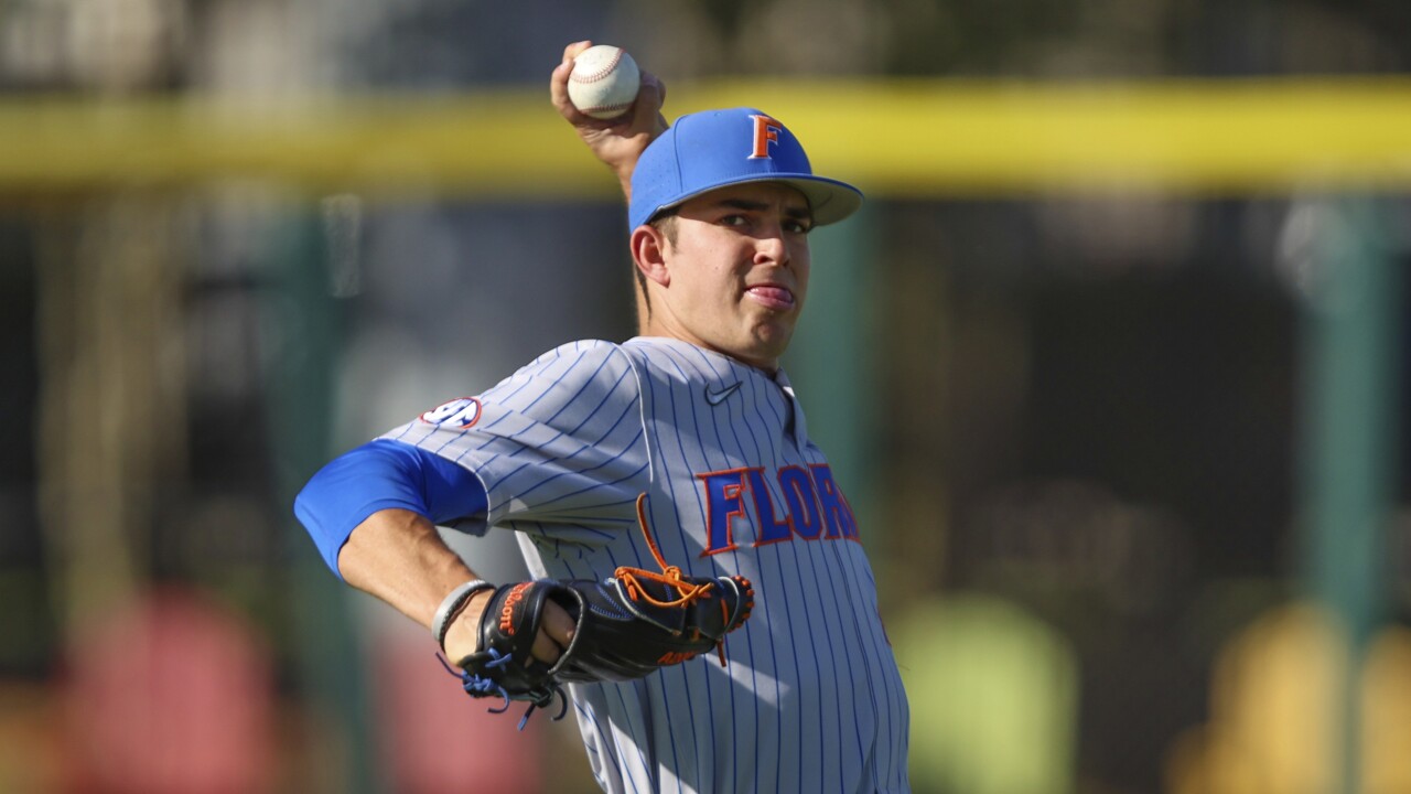 Florida Gators pitcher Carsten Finnvold warms up before game, May 2, 2023