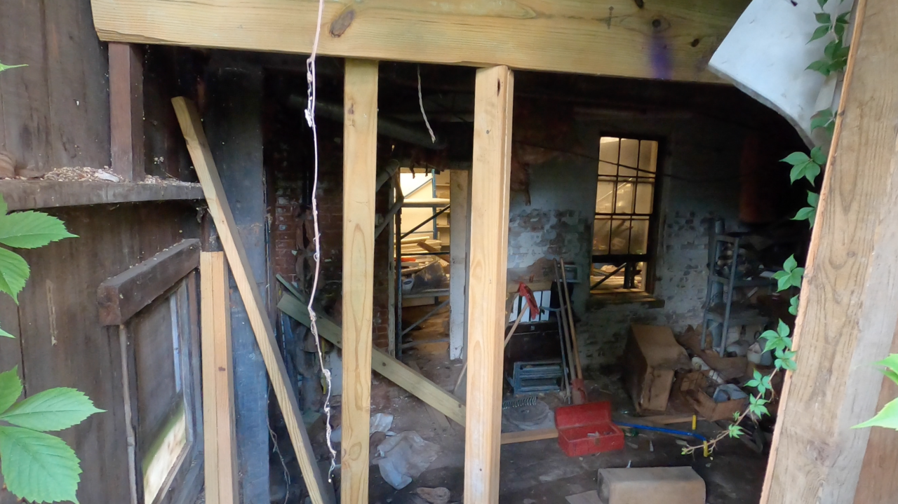 Part of an exterior wall is missing on the house at 621 Delhi Avenue in Cincinnati