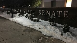 The Nevada Capitol building in Carson City on a cold, snowy February night in 2019