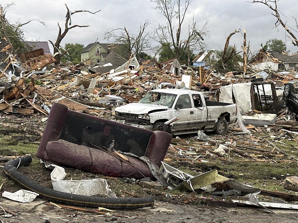 Damage is seen after a tornado moved through Greenfield, Iowa, on May 21, 2024.