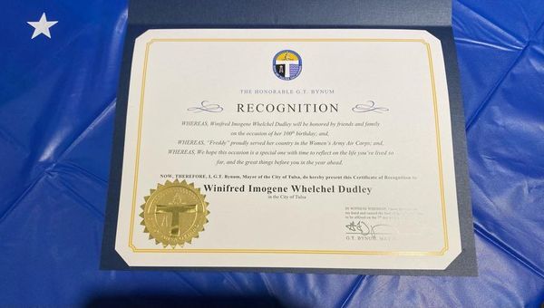 City of Tulsa recognizing Winifred Imogene “Freddie” Whelchel Dudley
