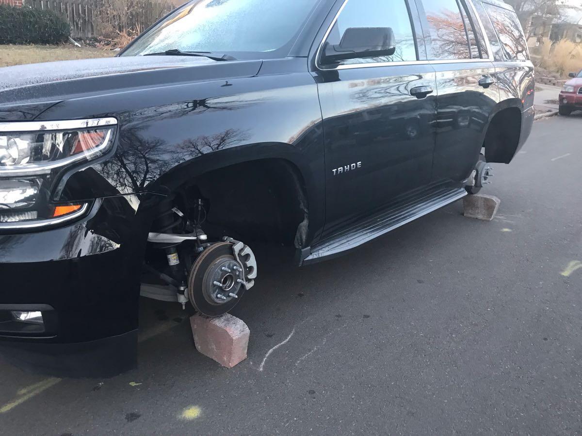 SUV on cinder blocks