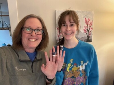 Chris Dunn and her daughter, Mary Kate, after screening at home in March.