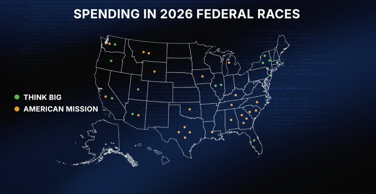A map of the US showing where AI-aligned groups are spending ahead of the the election.
