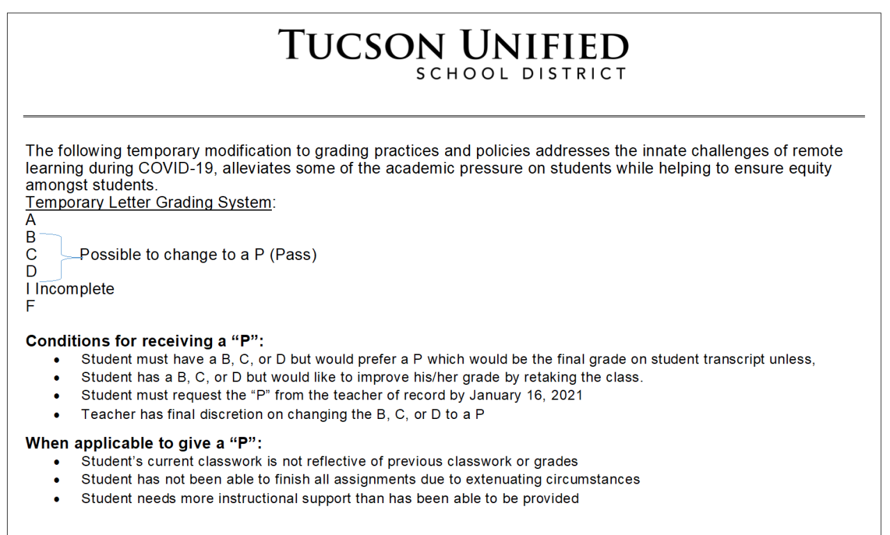 Tucson Unified School District memo on grading policy changes