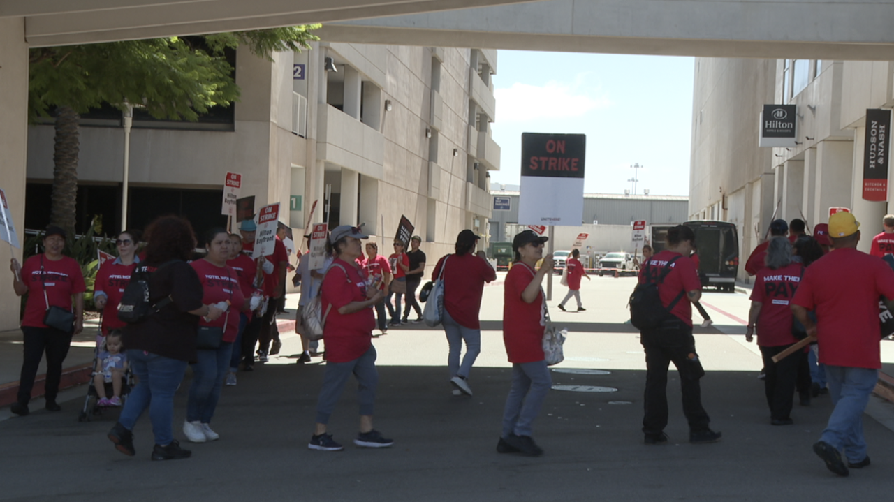 Strikers walking out on for the 12th day on the job at the Hilton Bayfront hotel.