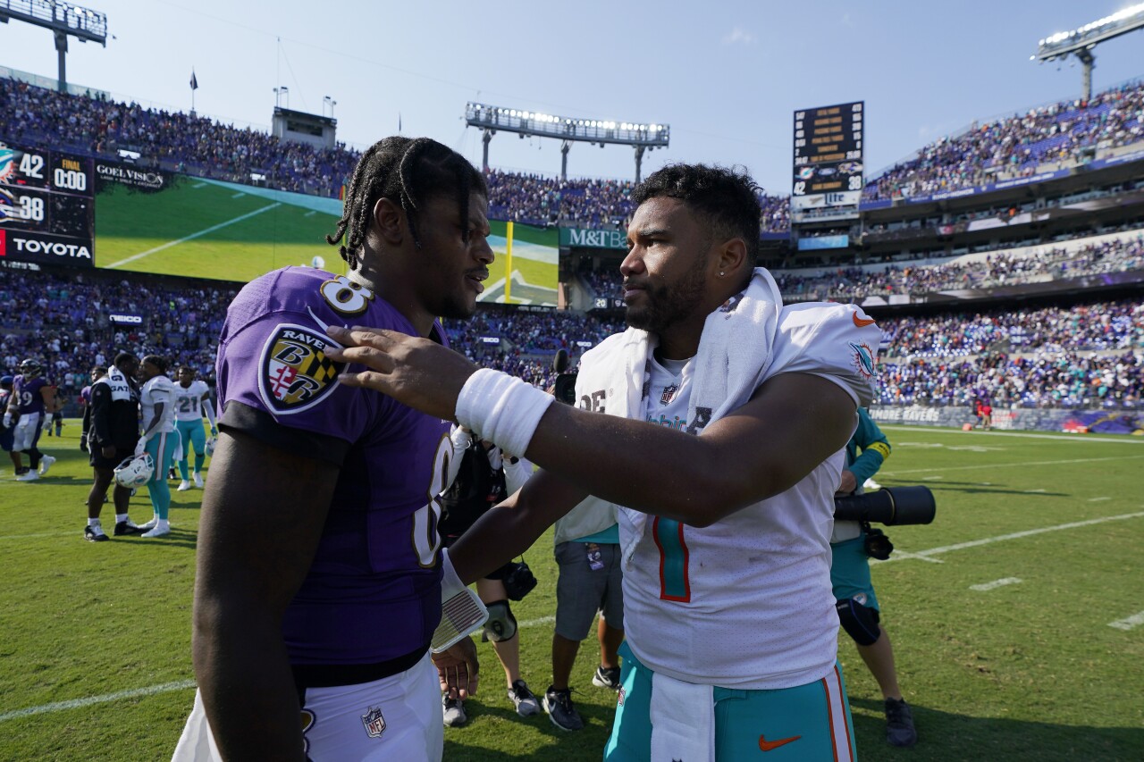 Baltimore Ravens QB Lamar Jackson and Miami Dolphins QB Tua Tagovailoa greet each other after game, Sept. 18, 2022