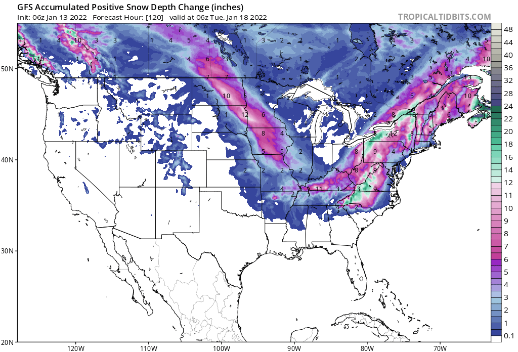 American Model Snow Forecast By Monday Night