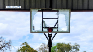 Madisonville broken basketball backboard at park