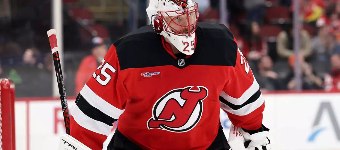 New Jersey Devils goaltender Jacob Markstrom skates off the ice after the Devils lost to the Philadelphia Flyers in an NHL hockey game Tuesday, April 7, 2026, in Newark, N.J. 