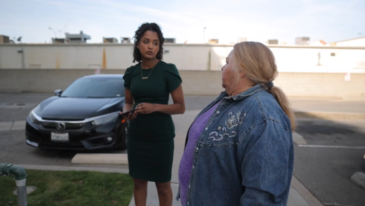 Neighborhood News Reporter Dominique Lavigne interviewing one of the concern residents, Catherine Stoy, in Bakersfield. Stoy is upset over the condition of the Plaza Towers