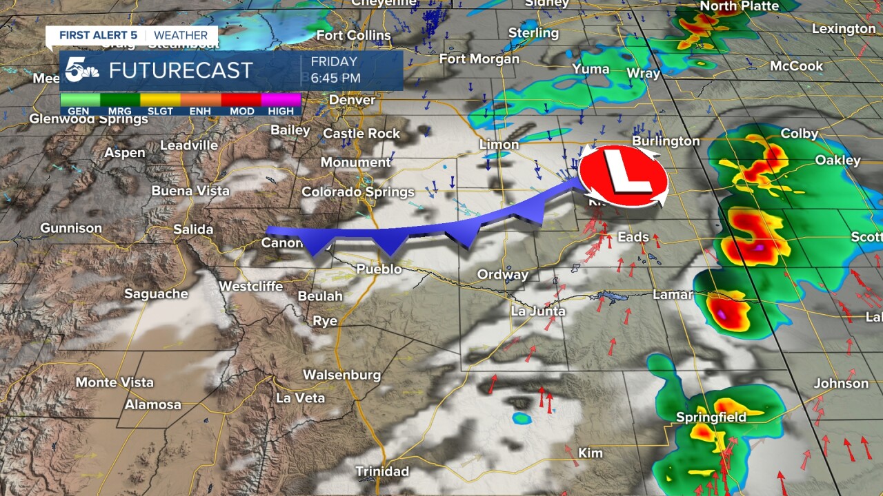 A Cold front associated with a lee-side low pressure system leads to shower chances on the I-25 corridor, and a strong storm chance on the E Plains this evening