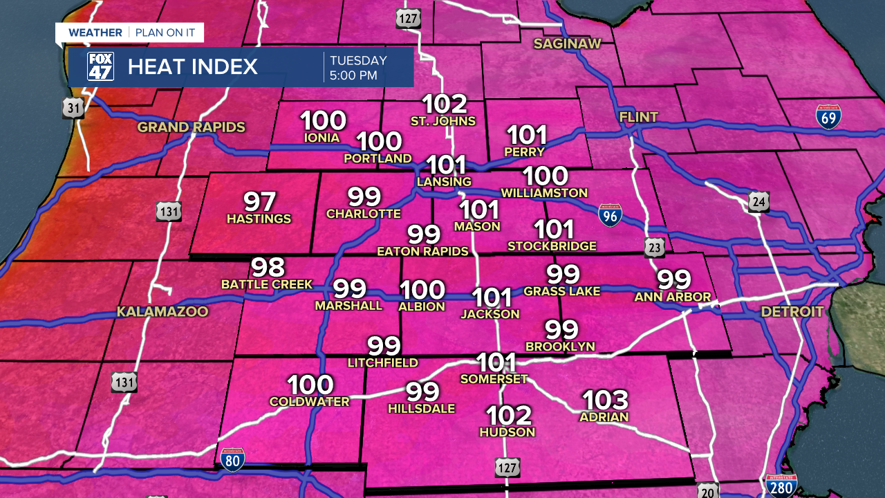 Heat index values rising into the triple digits during the warmest days of the week Tuesday and Wednesday