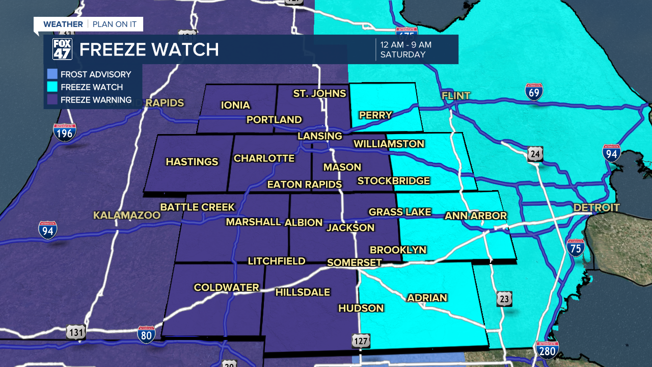 Freeze Warning issued across all of our neighborhoods from Midnight to 9 AM Saturday as temperatures overnight fall below freezing
