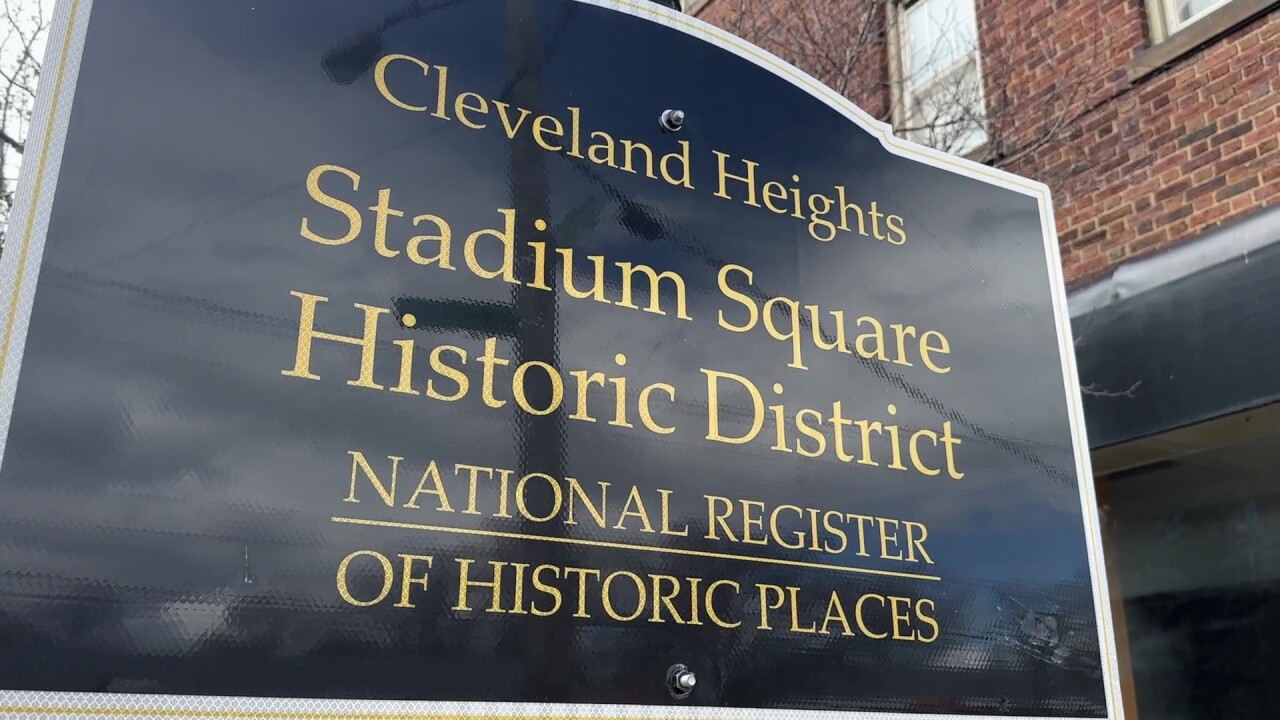 A sign identifies the new Stadium Square Historic District in Cleveland Heights.