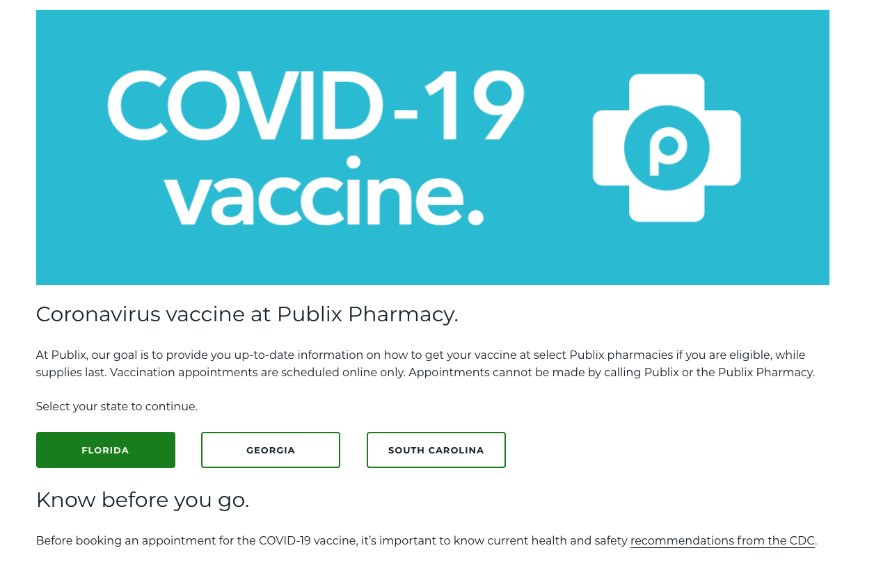 Publix COVID-19 vaccine page, select Florida