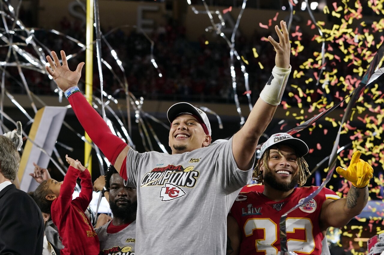 Kansas City Chiefs QB Patrick Mahomes celebrates after winning Super Bowl LIV