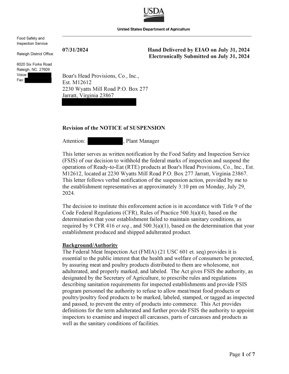 Boar's Head Notice of Suspension from USDA