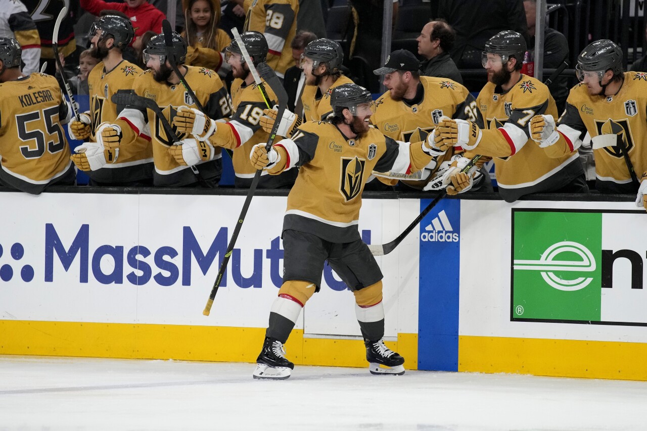 Vegas Golden Knights right wing Jonathan Marchessault (81) celebrates his goal against the Florida Panthers during the third period of Game 2 of the NHL hockey Stanley Cup Finals, Monday, June 5, 2023, in Las Vegas. (AP Photo/John Locher)