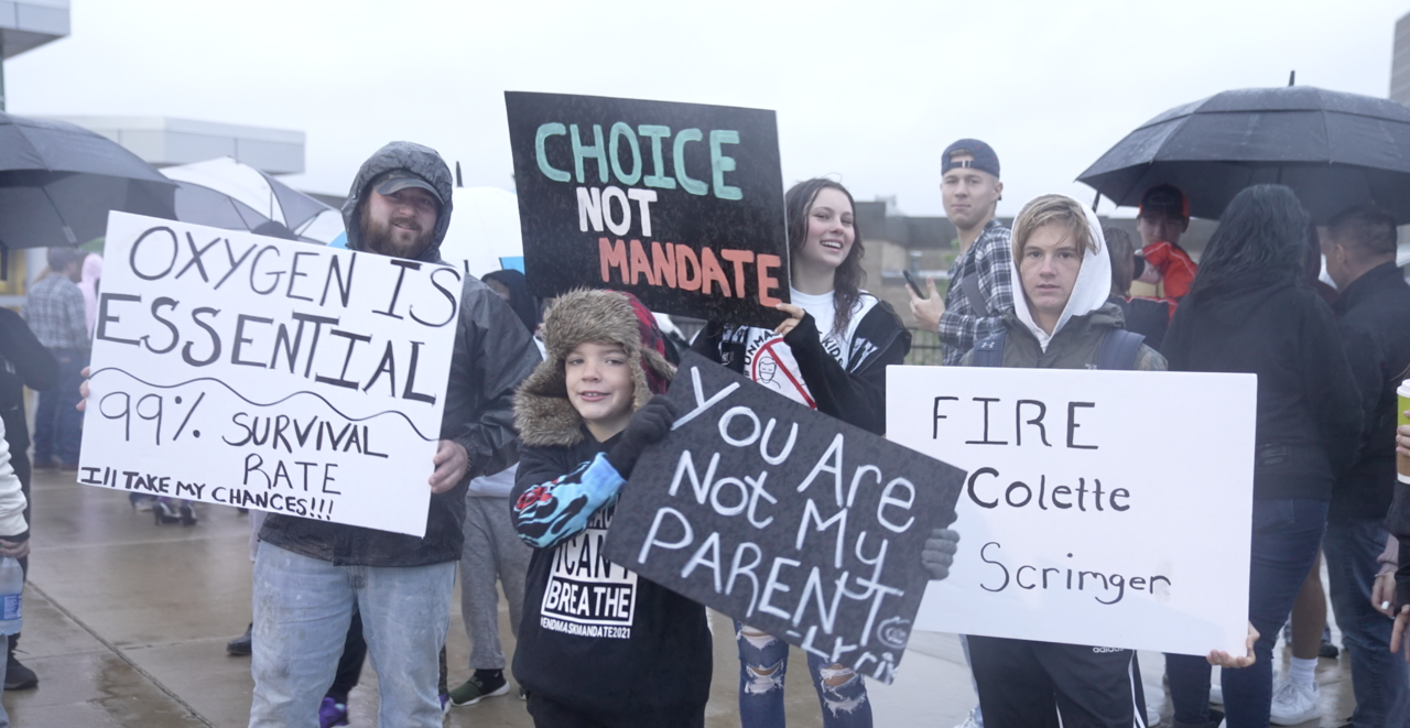 Parents and students gathered outside Charlotte middle school and high school to protest the mask mandate that went into effect today from the Barry-Eaton District Health Department.
