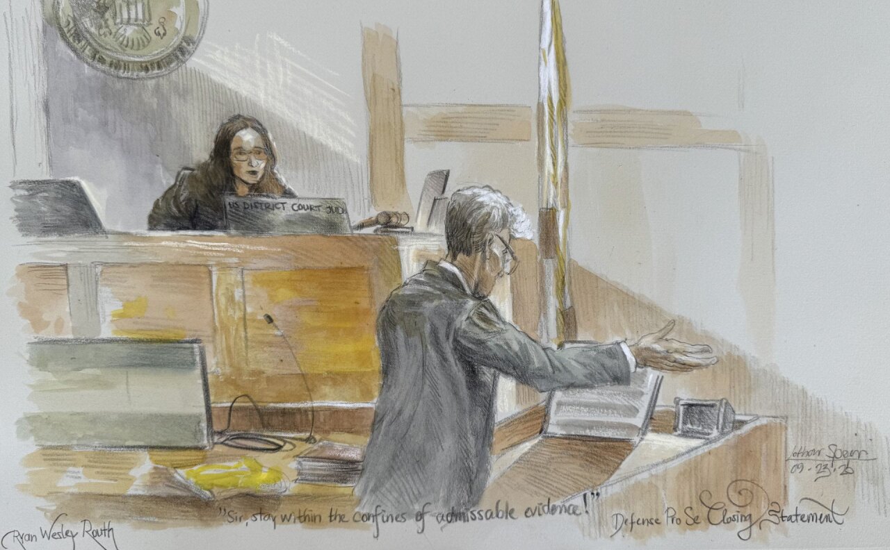 This courtroom sketch shows U.S. District Judge Aileen Cannon listening to Ryan Routh during his trial where he is charged with attempting to assassinate Donald Trump last year at a golf course in South Florida, Tuesday, Sept. 23, 2025, in Fort Pierce, Fla. 
