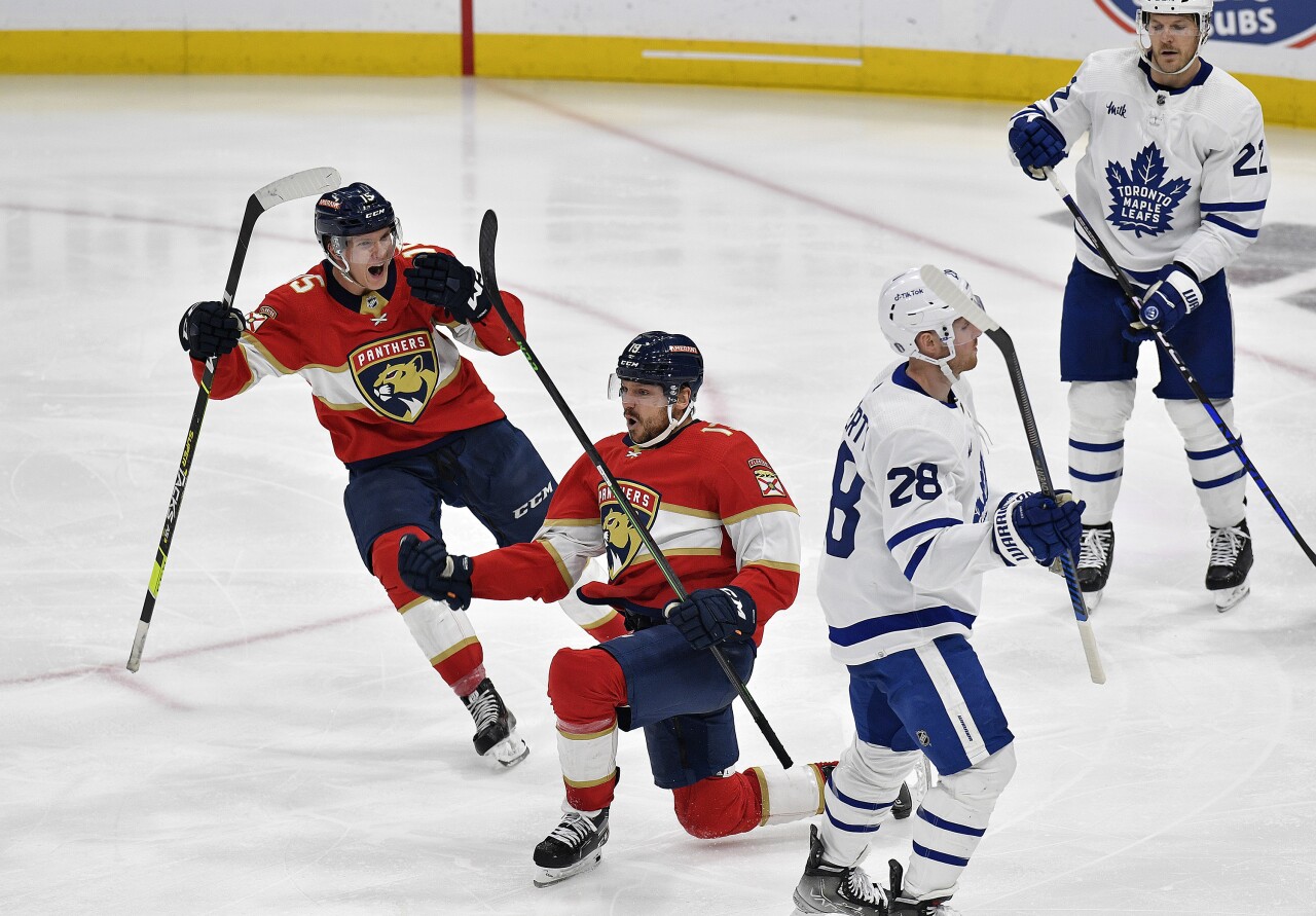 Florida Panthers center Sam Reinhart celebrates game-winning goal in OT to beat Toronto Maple Leafs in Game 3 of NHL second-round playoff series, May 7, 2023