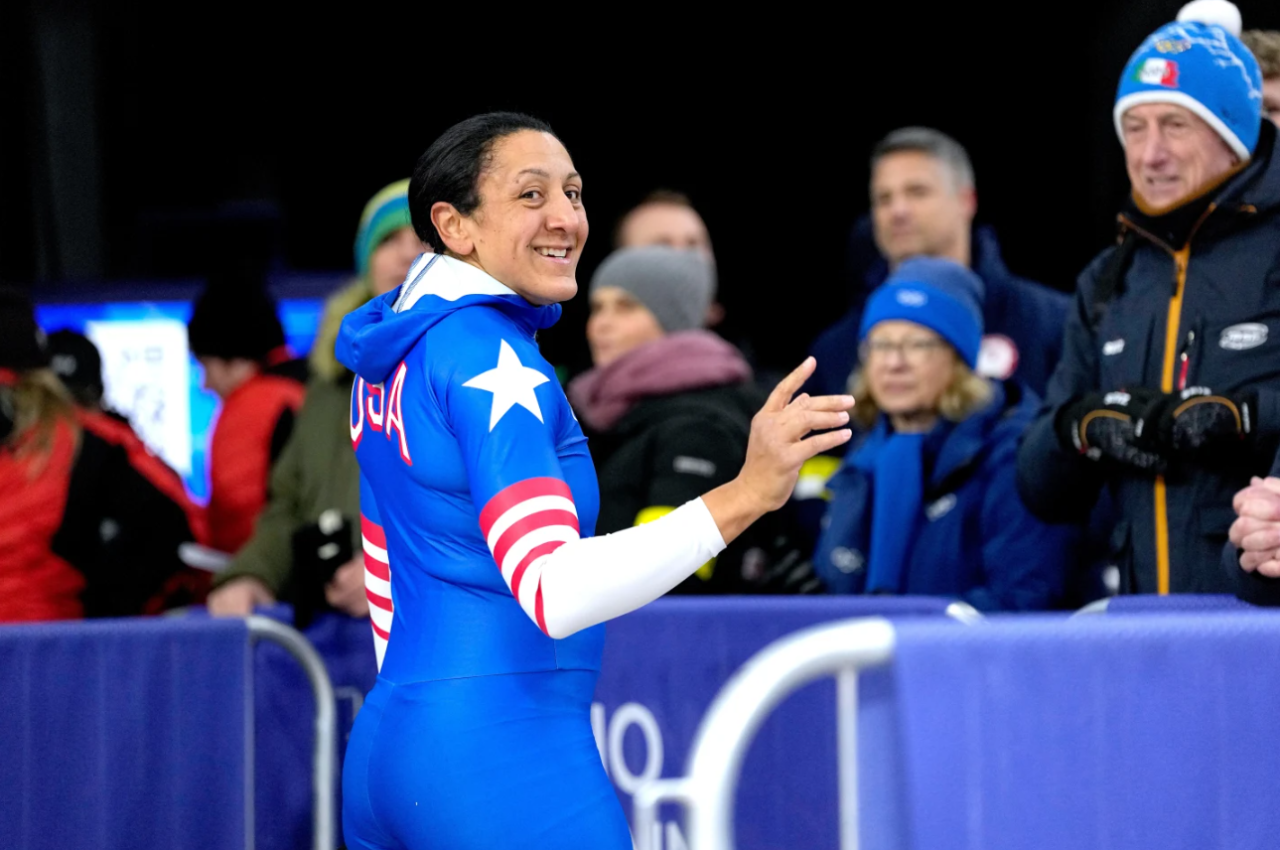 United States' Elana Meyers Taylor, front, smiles at the finish during a two-women bobsled run at the 2026 Winter Olympics, in Cortina d'Ampezzo, Italy, Friday, Feb. 20, 2026.