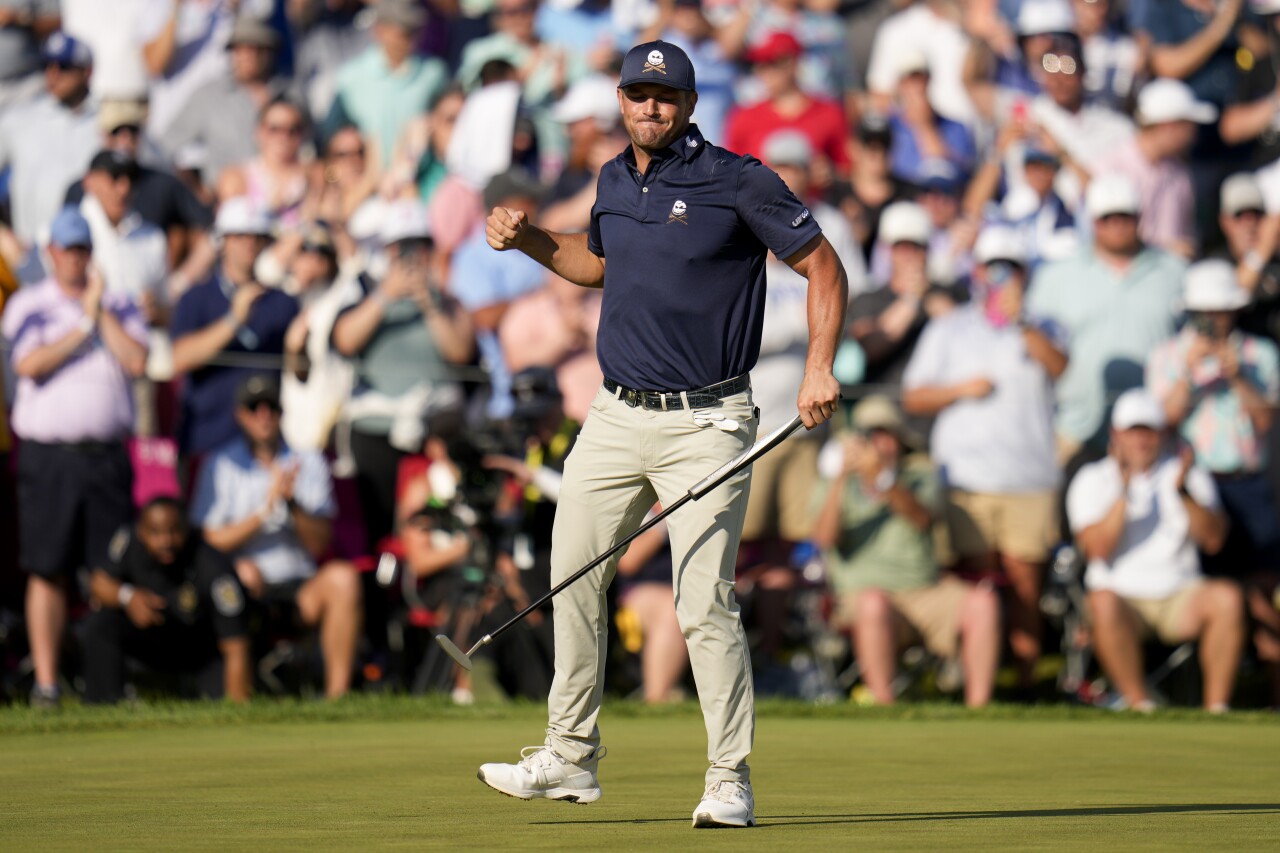 Bryson DeChambeau celebrates after birdie on 18th hole during final round of 2024 PGA Championship