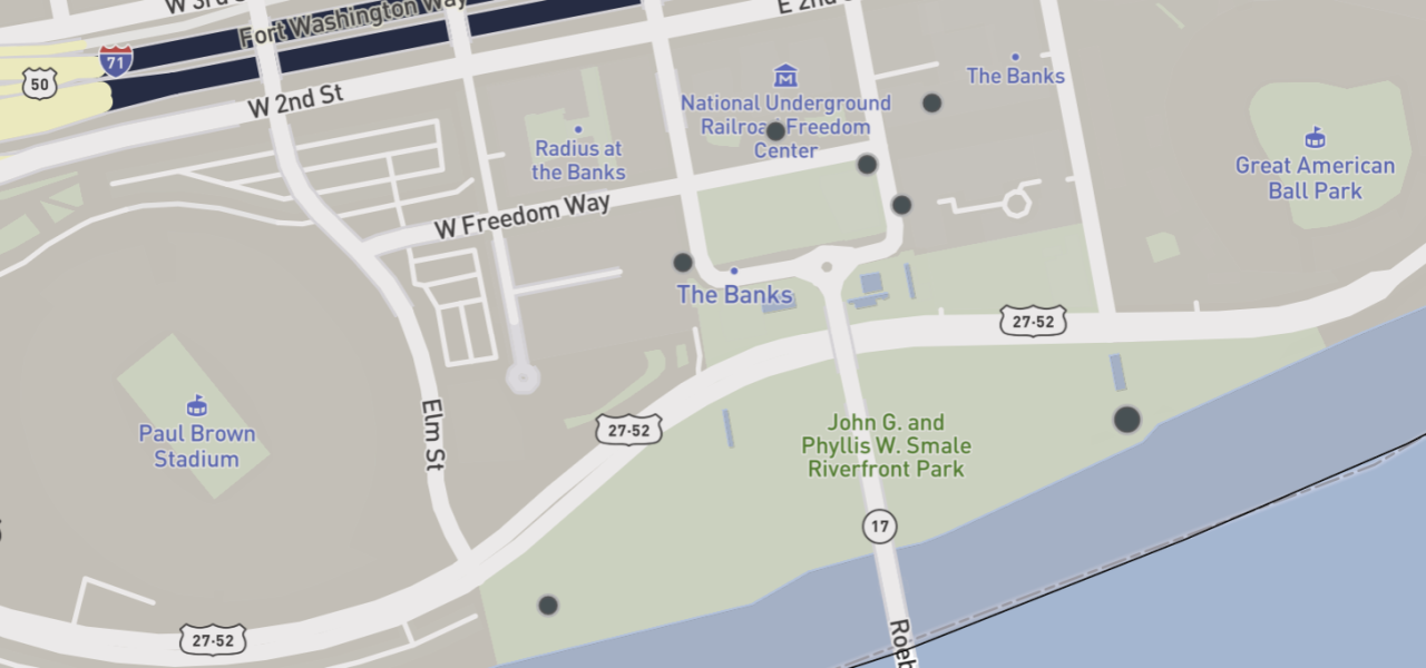 Cincy Insights map of the seven shootings at The Banks and Smale Park in 2023