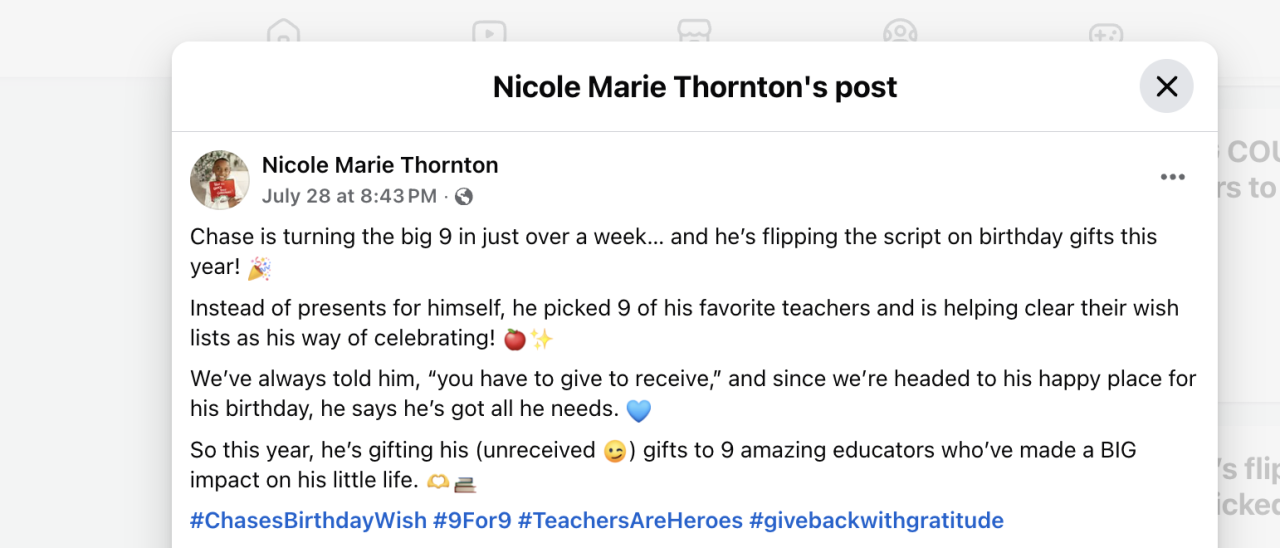 'I really want to do the right thing': Bryan student celebrates 9th birthday by giving back to his teachers