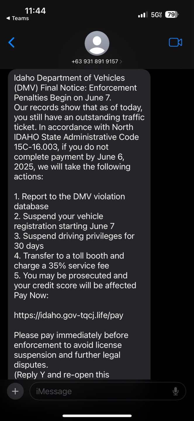 Idaho DMV scam text 2025