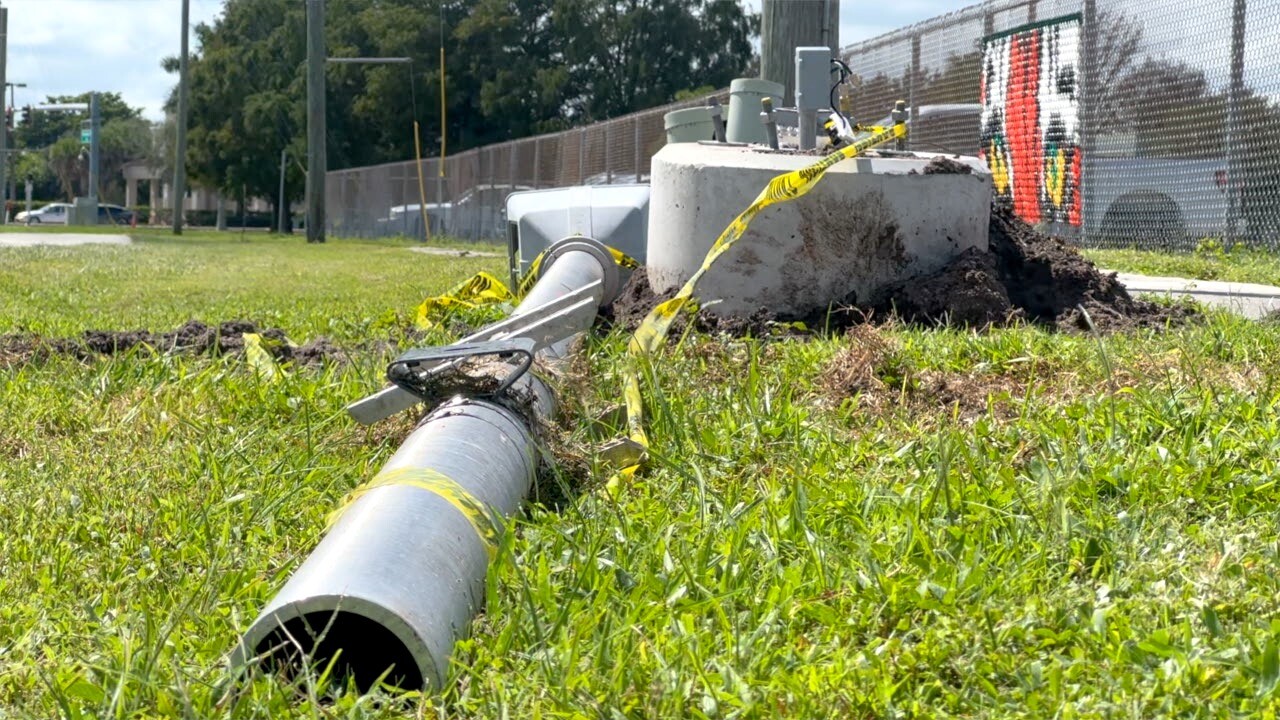 Speed camera pole on ground outside Clewiston Middle