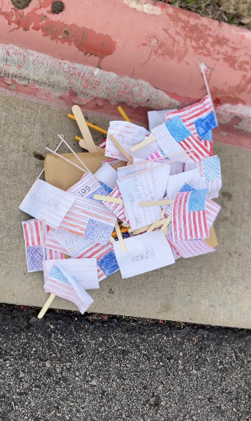 Letters and homemade flags made by Highland Park Elementary students