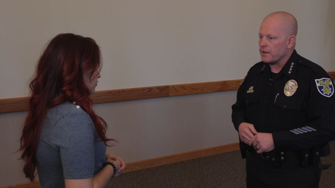 Neighborhood News Reporter Ruby Rivera interviewing Delano Police Department Chief Jerry Nicholson