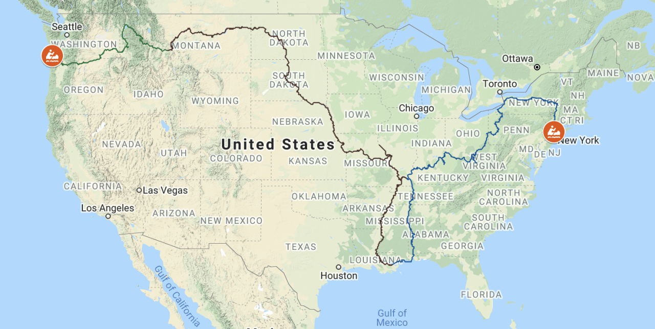 A map of Neal Moore's canoe route across the US.